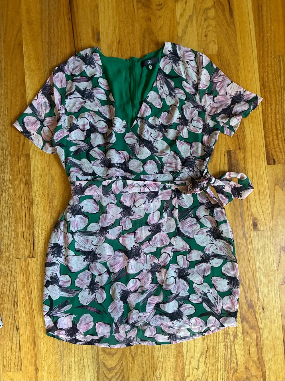 Missguided Green Floral Wrap Mini Dress with Pink Blooms